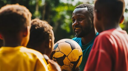Fototapeta premium A close-up of a coach mentoring a group of kids from underprivileged backgrounds, using sports to teach life skills