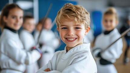 A cheerful young fencer smiles, clearly engaged and enjoying his practice session, as he stands amidst other fencers, showcasing determination and teamwork.