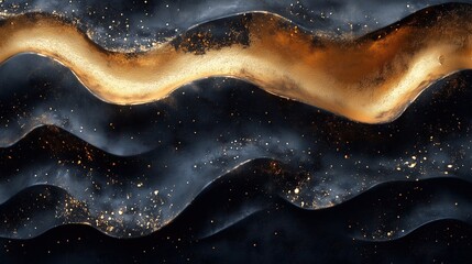 Elegant golden waves with sparkling particles create a luxurious, abstract textured background.