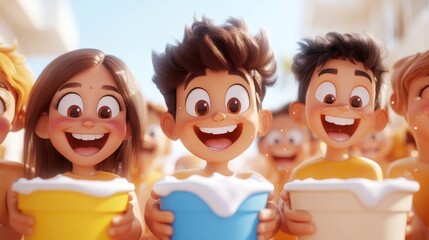 Young animated kids holding buckets filled with foam, enjoying a fun and lively outdoor playtime, surrounded by a backdrop of supportive friends and cheerful expressions.