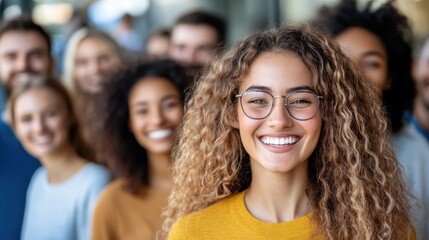 Obraz premium A young woman with curly hair and glasses smiles joyfully, embodying confidence and positivity among a diverse group of colleagues in a modern office setting.