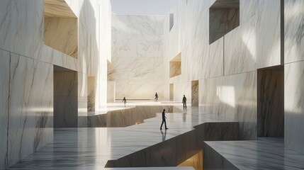 Illuminated Marble Maze: A Surreal Architectural Puzzle Poster Perfect for Modern Sports Interiors, Capturing the Journey of Silhouettes in Search of Enigma