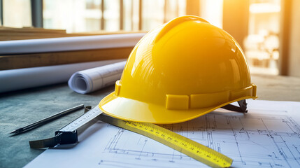 Yellow hard safety helmet hat and the blueprint, pen, ruler, protractor, and tape measure on the table at the construction site