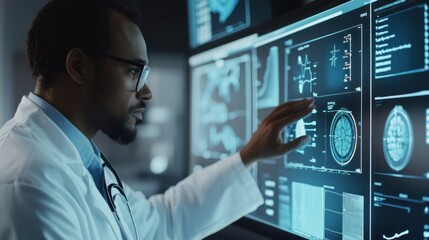Obraz premium A doctor reviewing a patient vital signs on a digital dashboard, collected through remote monitoring technology, enhancing long-distance care,