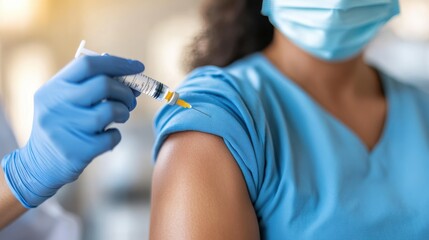 A healthcare worker wearing a face mask and gloves administers a vaccine into a patient’s shoulder, focusing on the importance of health and safety in contemporary medicine.