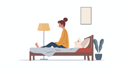 Dreaming Girl Sitting on Bed Vector Illustration