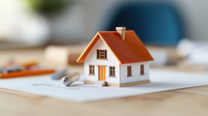 A model house with a red roof is positioned on a desk next to scattered drawing pencils and a rolled-up blueprint, suggesting detailed architectural planning and creativity.