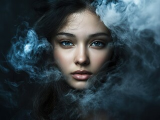 Fototapeta premium A captivating portrait featuring a young woman with striking blue eyes, surrounded by ethereal wisps of smoke, creating a mysterious and enchanting atmosphere.