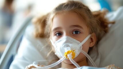 A young girl lying in a hospital bed, with an oxygen mask, looking thoughtful and calm. The setting reflects medical care and resilience during challenging times.