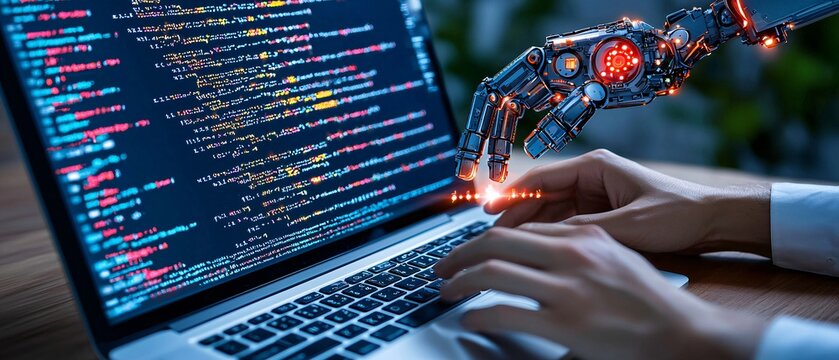 AI Robot Hand Interacting with Computer Code while coding