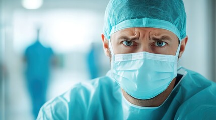 A medical professional, clad in protective scrubs and a surgical mask, is ready for a medical procedure, depicted in a bright and clean hospital environment with colleagues in the background.