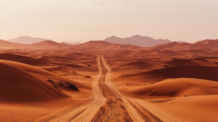 Naklejka premium A long, dusty road trip through the desert, with sand dunes and an endless horizon,