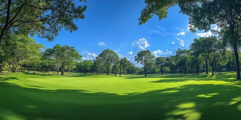 Obraz premium Lush Green Grass Landscape Under Blue Sky