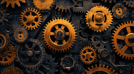 A detailed illustration of interlocking gears and cogs, showcasing the mechanics of industry and technology in a sleek metal design.