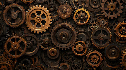 An intricate pattern of gears and cogs,engine gear wheels,mechanical parts, industrial background.