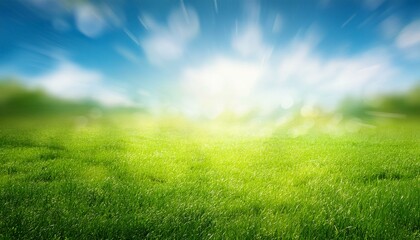 Sunny spring meadow blur background, blue sky to green grass gradient