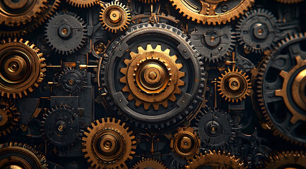 Gears and cogs create an intricate industrial pattern in a metallic design, showcasing the mechanics of technology and engineering.