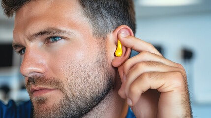 A profile shot shows a focused man using yellow wireless earbuds, blending technology and modern lifestyle in a seamless and fashionable manner.