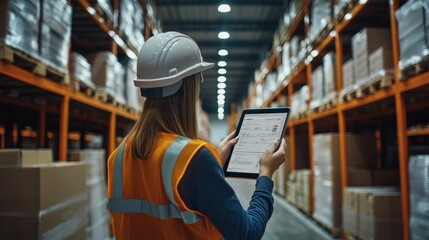A warehouse with staff using logistics software on tablets to scan and track goods, optimizing inventory and shipment schedules in real-time