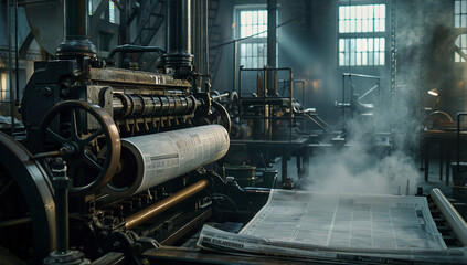 A steam-powered printing press producing a daily newspaper
