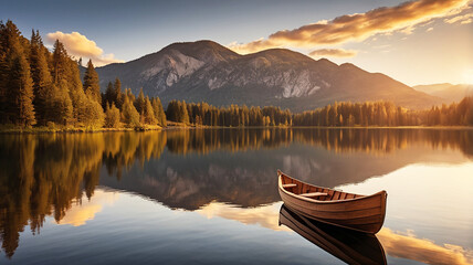 Obraz premium A rustic rowboat drifts on a calm lake, oars still, as the sun sets behind towering mountains