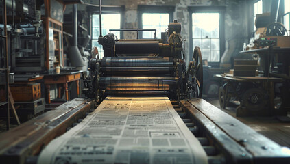 A steam-powered printing press producing a daily newspaper