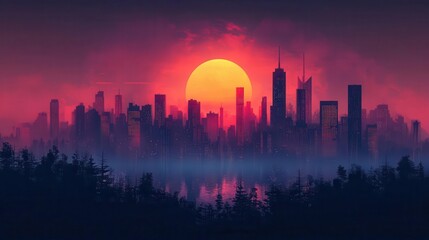 minimalist vector illustration of a cityscape at sunrise clean lines and geometric shapes create a stylized skyline warm gradient colors in the sky