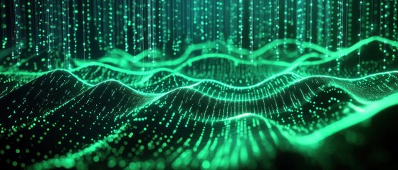 Obraz premium A digital representation of flowing waves with green particles, suggesting data visualization.