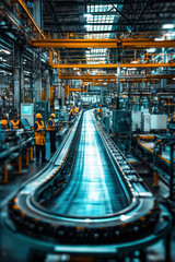 industrial equipment maintenance,  A team of professionals conducting preventative maintenance on assembly line conveyor belts in a spacious manufacturing plant, surrounded by tools