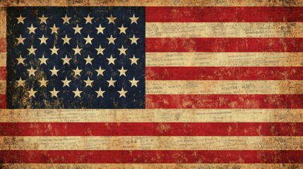 American flag designed in a vintage newspaper print style, textured with faded ink,