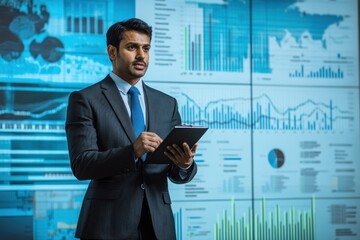 Fototapeta premium An Indian business leader giving a presentation with growth charts and projections, showcasing successful business expansion and future growth in India