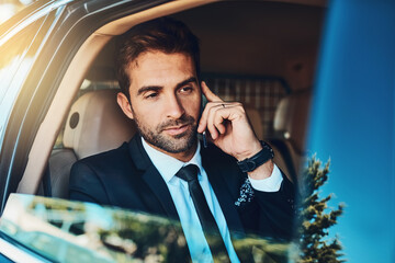 Business, man and phone call in car for travel with communication, corporate schedule and information. Professional, male person and mobile for discussion, agenda and negotiation of transport traffic