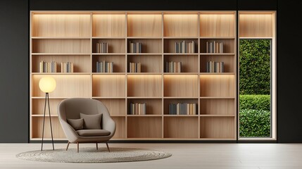 Comfortable book nook with a deep-seated chair surrounded by built-in bookshelves