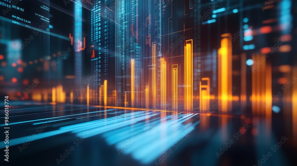 Fototapete an abstract 3d bar graph set in a virtual environment, with metallic bars and glowing lines represen