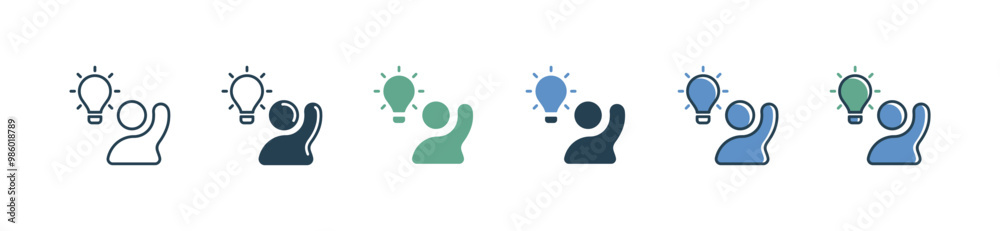 Poster creative business lightbulb icon set people raise hand with innovation lamp creative idea vector ill