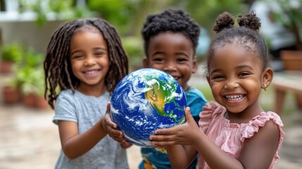 Three children, smiling brightly, connect with a vibrant Earth globe, symbolizing cooperation and unity in a lush outdoor setting on a sunny day.