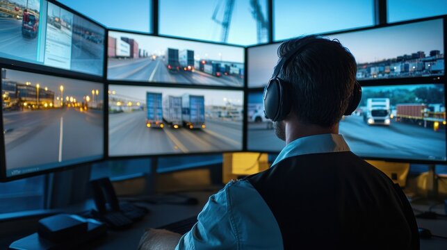 Freight managers using software to coordinate shipments with real-time updates on load capacities, routes, and carrier performance, displayed on multiple monitors