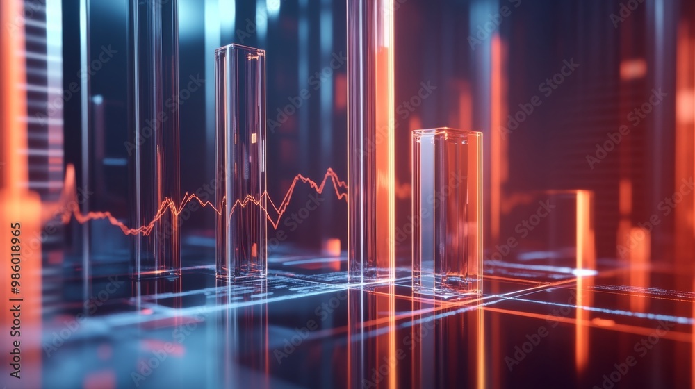 Fototapete an abstract 3d bar graph set in a virtual environment, with metallic bars and glowing lines represen