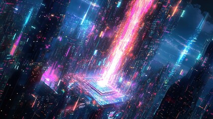 Futuristic Urban Fusion: A Striking Poster of a Towering Light Structure Over a Microchip – Perfect for Sports Interiors and Tech-Inspired Spaces!