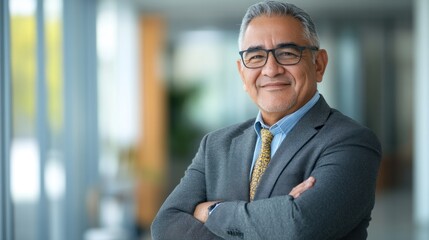 Fototapeta premium business man with crossed arms smiling at camera. Indian or latin confident mature good looking middle age leader male businessman 
