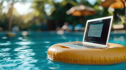 A laptop perched on a yellow inflatable ring floating in the calm waters of a swimming pool, epitomizing the modern remote work trend and the integration of technology with leisure.