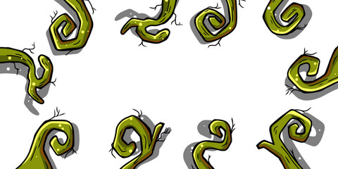 Halloween holiday frame with spooky pumpkin branches with shadows. Design element isolated on transparent background. Vector scary border with creepy tree branches for card, poster, invitation