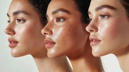 Portraits of women with diverse skin types, each glowing with health after using tailored skincare routines, emphasizing hydration, smoothness, and radiance