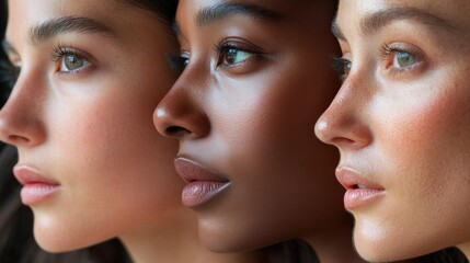 Portraits of women with diverse skin types, each glowing with health after using tailored skincare routines, emphasizing hydration, smoothness, and radiance