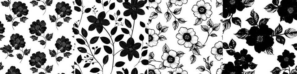 The flowers have stylized, angular petals with bold, patterned foliage, seamless pattern with a modern appearance