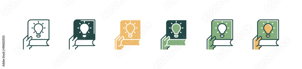 Poster hand holding book with lightbulb icon set study creative innovation business bright light idea vector illustration for web and app