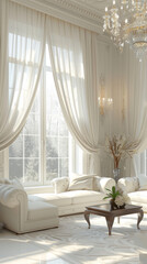 Luxurious living room with bright white curtains, elegant furniture, and stunning chandelier. natural light creates serene atmosphere, enhancing beauty of space