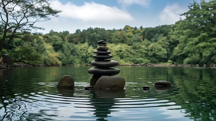 Obraz premium A zen stone stack in a calm pond, with ripples and a forest backdrop.