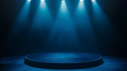 show case stage with blue spotlights on dark black background, elegance energetic stage idea for mock up