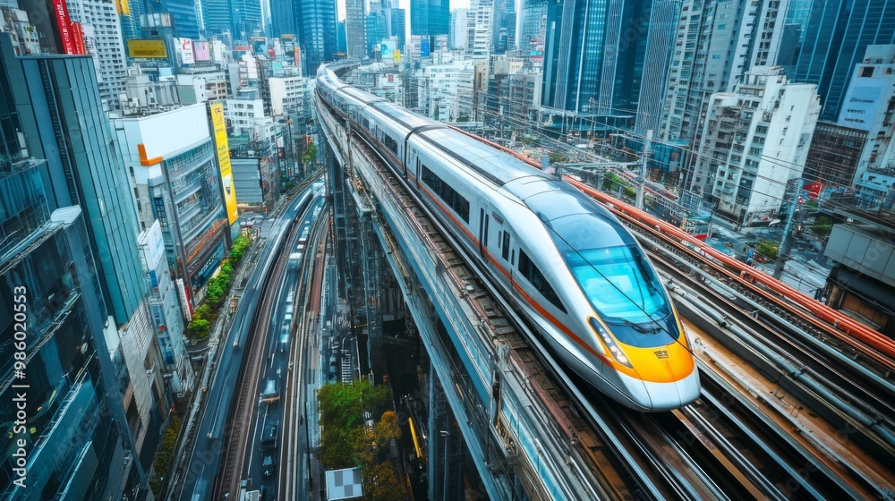 Poster an aerial view of a high-speed train traveling on elevated tracks through a bustling cityscape, high